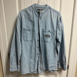 RARE Harley Davidson Shirt Men Small Denim Button Up Long Sleeve 90s Collarless
